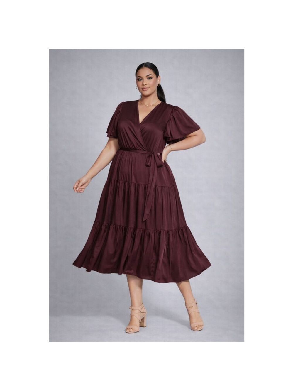 City Chic Sweetness Maxi Tiered Dress Oxblood Faux Wrap Belt Size L 20 NWT